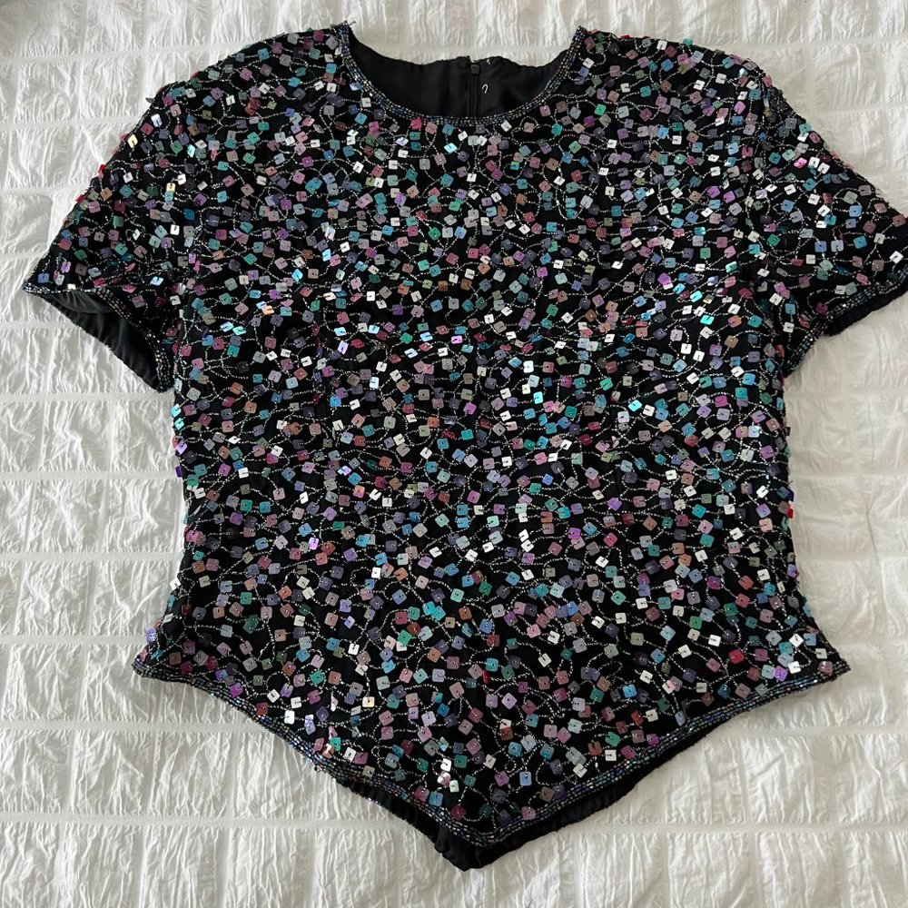 1980s Multicolor Black Sequin Crop Top - Triangle Retro Party Blouse - Size M